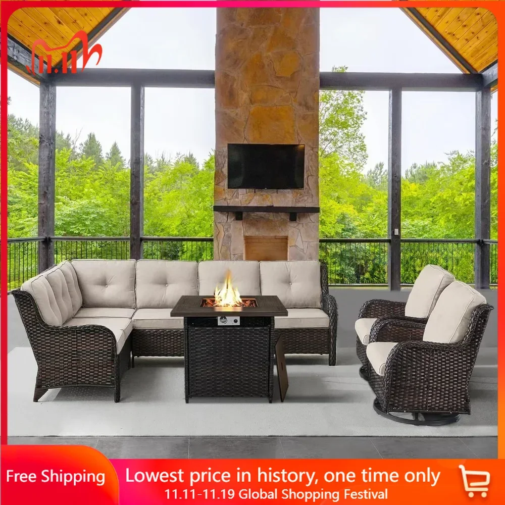 

Outdoor Sectional Furniture Sofa Set with Propane Fire Pit, Wicker Patio Conversation Set with 2 Swivel Rocker Glider Chairs