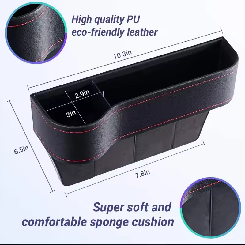 Close up of a black leather Car Seat Gap Organizer with sleek white stitching