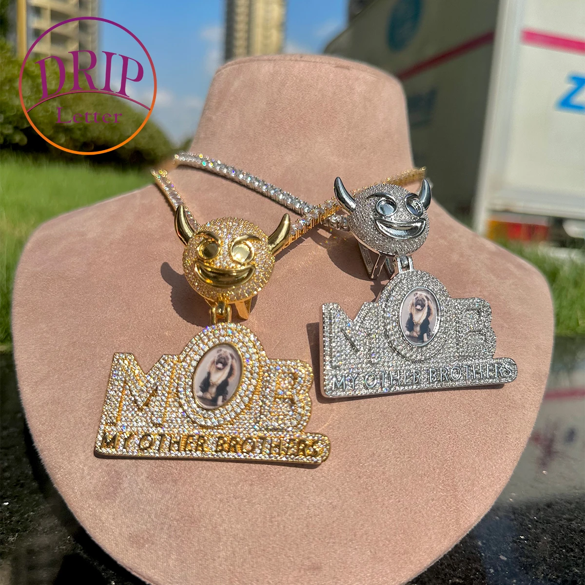 Drip Letter Custom Photo Necklace for Men My Other Brothers Pendant Skull Bail Real Gold Plated Hip Hop Jewelry