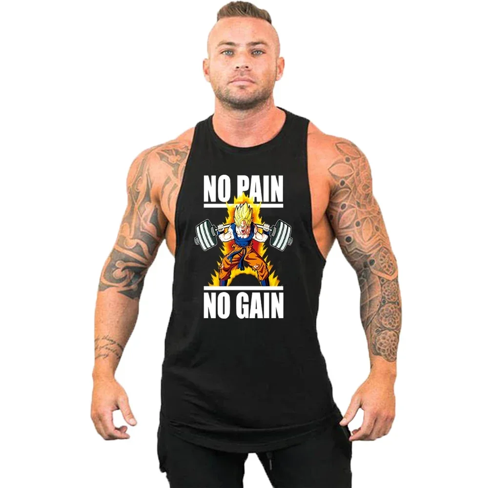 Bodybuilding Stringer Tank Tops Men Anime Funny Summer Clothing No Pain No Gain Vest Fitness Clothing Cotton Gym Singlets