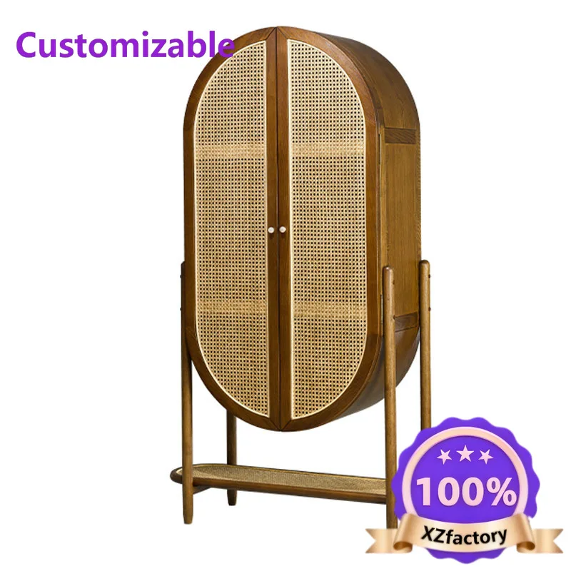 Factory Direct 2026 Top RatedSolid wood wine cabinet B & B display rattan circular arch vertical cabinet decoration designer