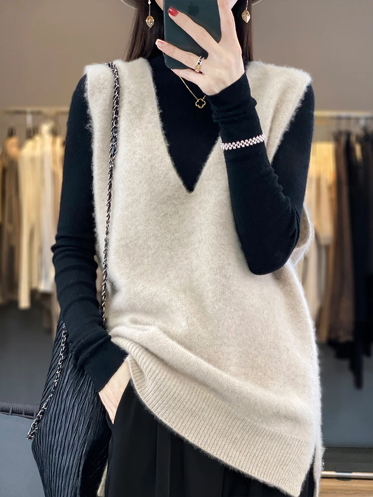 

Basics Woman 100% Merino Wool Sweater Vest Loose Female Autumn Winter Knitted Pullover Sleeveless Clothing Tops V-Neck Jumper