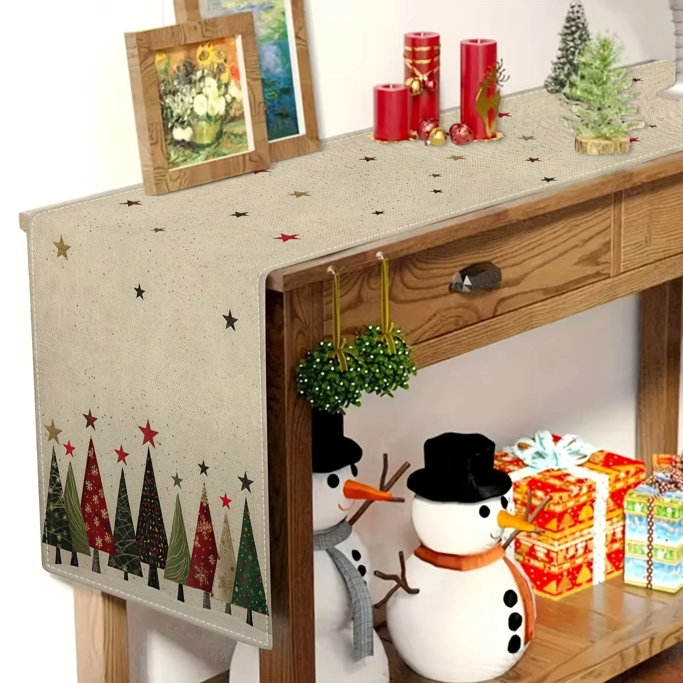 Weihnachtsbaum-Tischläufer mit Stern-Motiv, rustikal, beige, Weihnachtsmuster, Tischdekoration für Feiertage, Eingangsbereich, Heimdekoration, festlich, langlebig