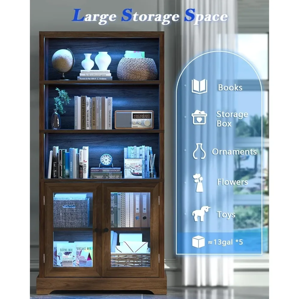 65" 5-Tier Bookshelf with Multi-Color Ambient Lights & APP Control, Tall Display Shelf with Doors, Rustic Brown for Living Room, Bedroom, Study view 5