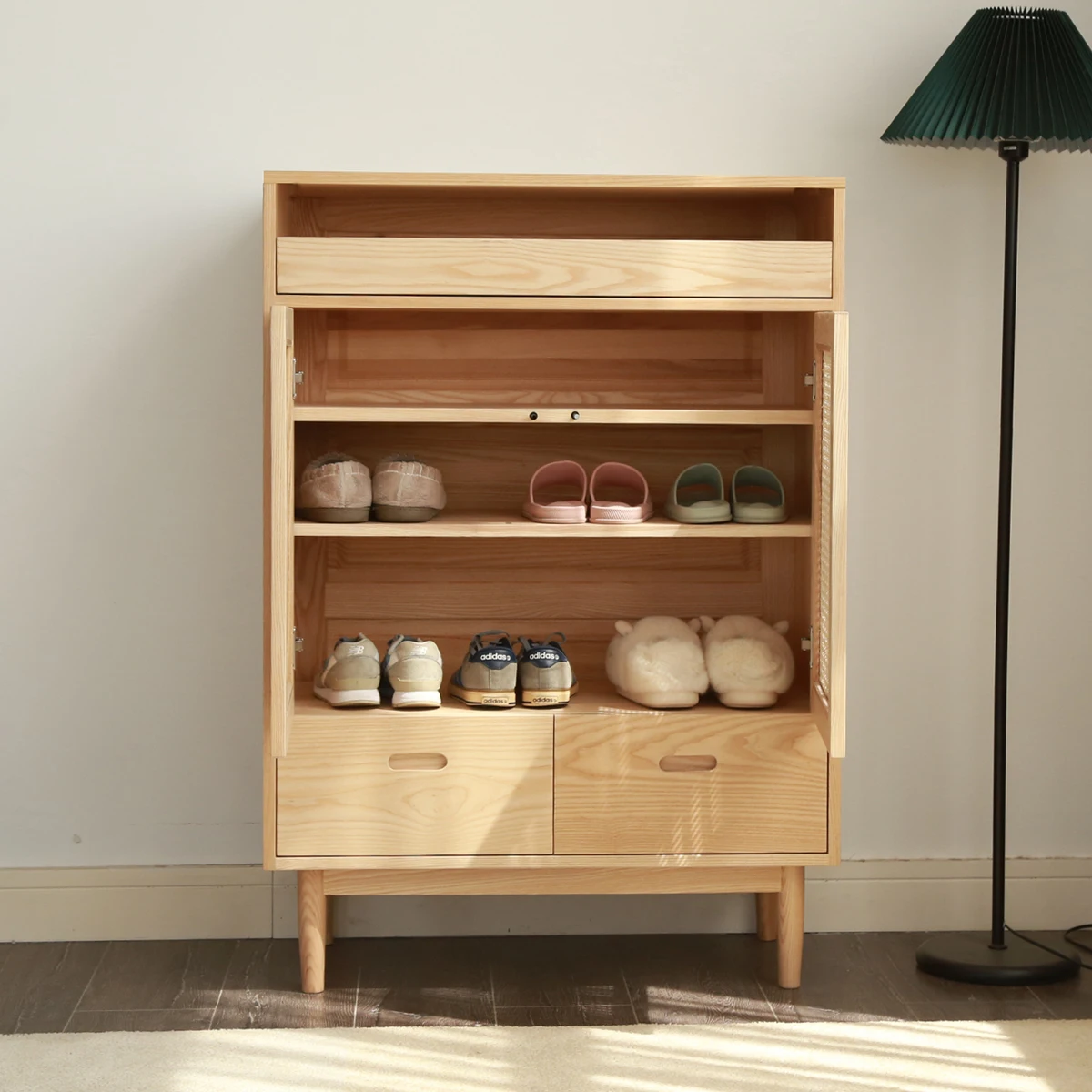 LMM solid wood rattan door shoe cabinet double drawer high tripod entry door storage cabinet