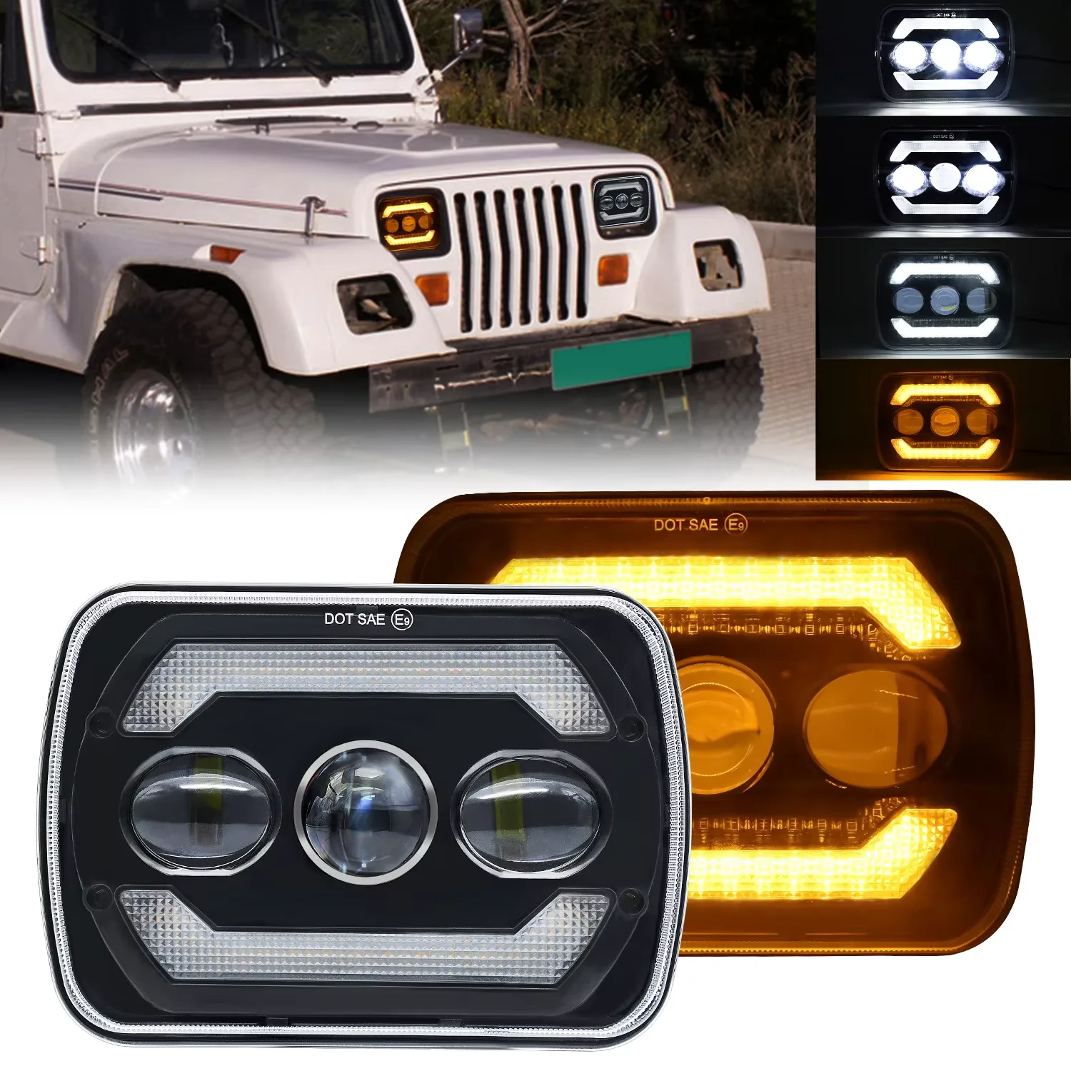 1/2Pcs 7 Inch Square LED Headlight Triple Lens White Yellow 6500K For Wrangler Car Motorcycle ATV Car Accessories 12V