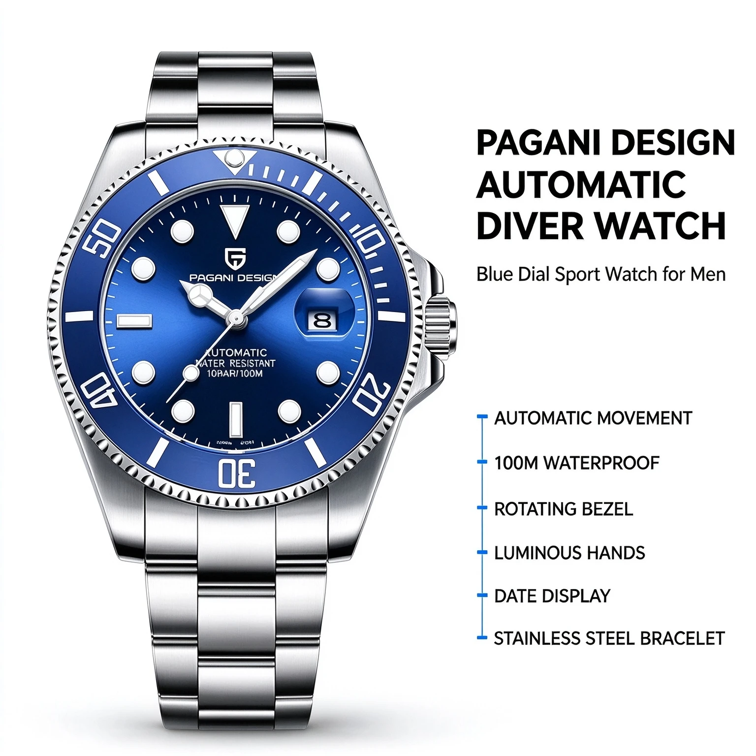 PAGANI DESIGN 42MM Men Classic Diving Automatic Watch Sunburst Blue Dial Rotating Bezel 100M Water Resistant Luminous Steel Band Casual Sport Watch