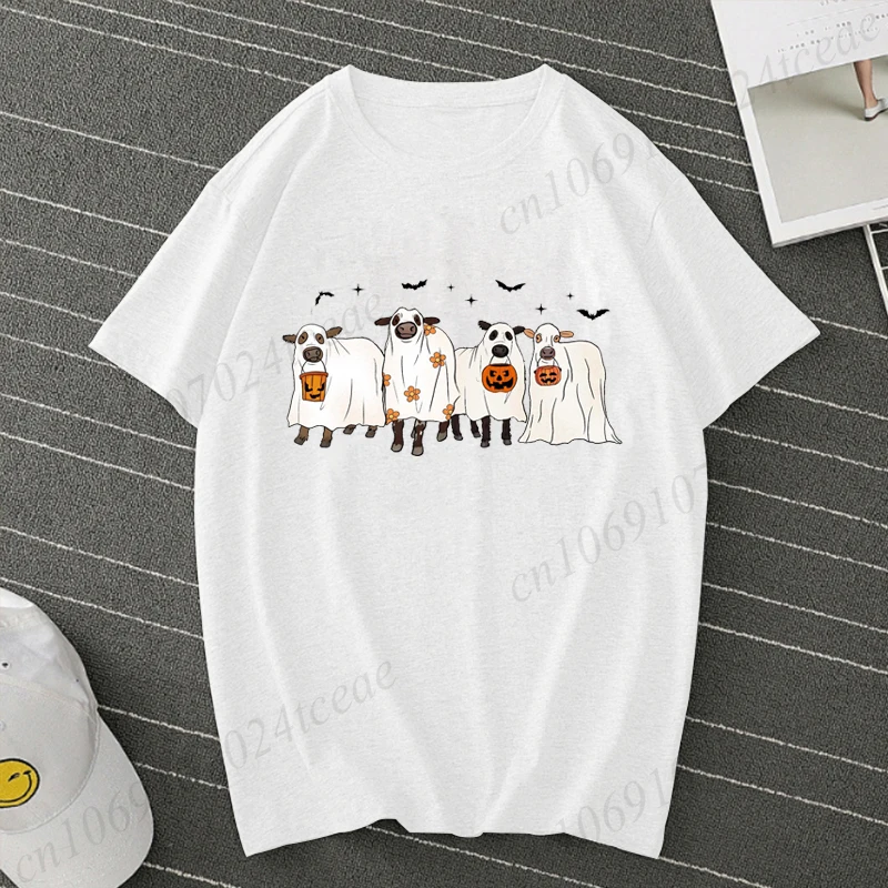 موضة الأبقار هالوين طباعة المرأة تيشيرت بأكمام قصيرة عادية تي شيرت ل أبقار مخيف هالوين الملابس النسائية بلايز تيز
