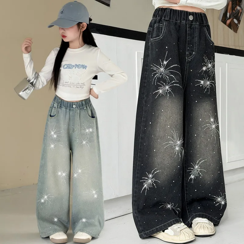 Teen Girls Jeans Spring Autumn New Jeans Big Kids Rhinestone Wide Leg DenimPants For 5 6 8 10 12 14 Years Girls Baggy Trousers