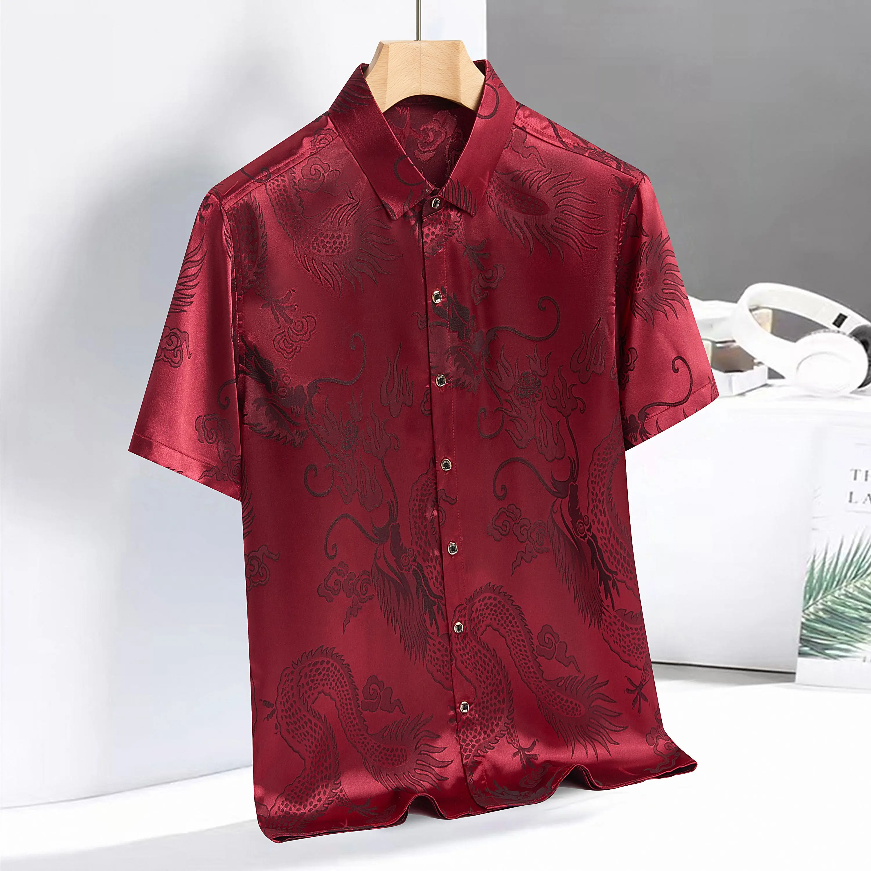 Vintage Chinese Dragon Print Tang Suit Shirt Tops Traditional Clothing For Men Silky Kungfu Blouse Cheongsam Top Hanfu Men