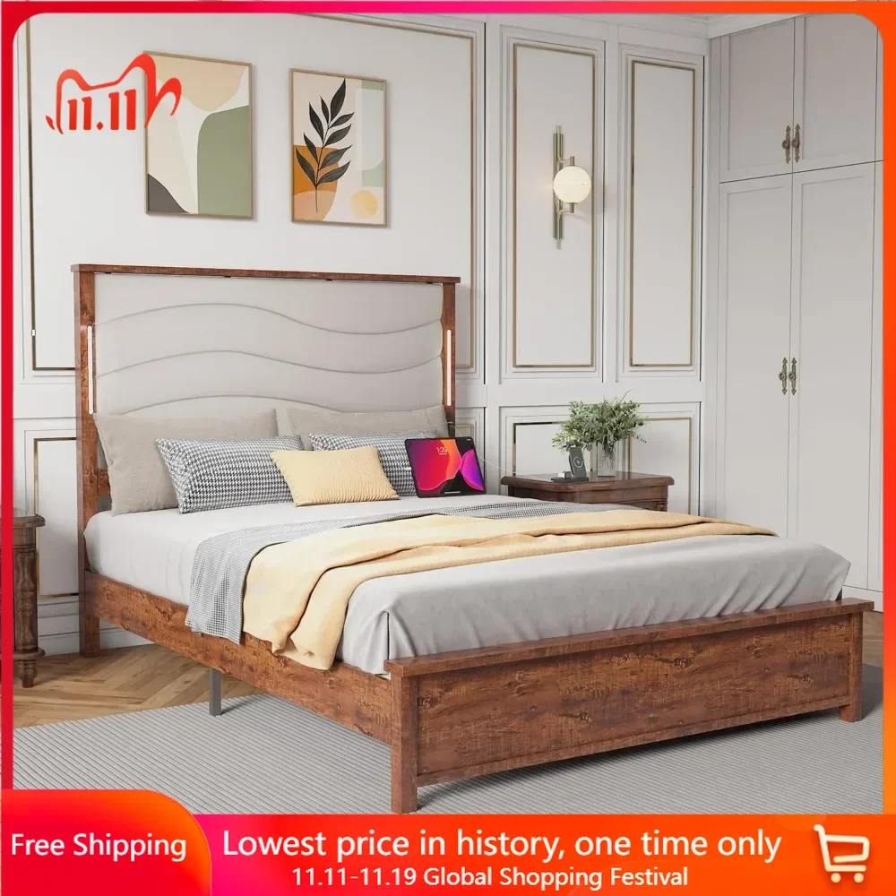 

Queen Size Bed Frame with Upholstered Headboard, Queen Platform Bed with Charging Station and LED Lights, Beige Linen