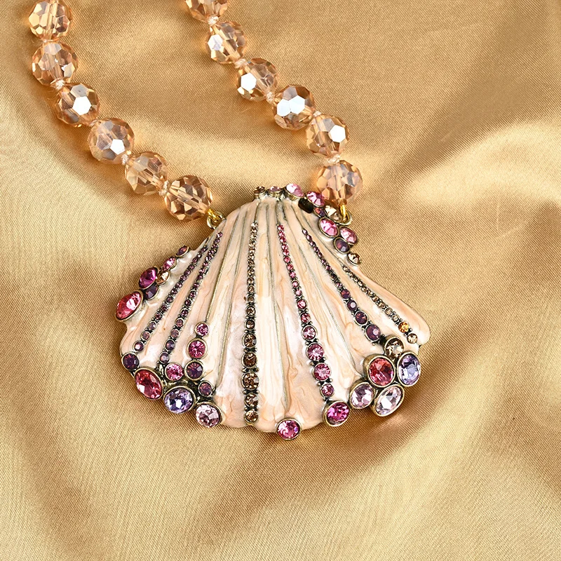 Antique Large Shell Pendant, Pearl Scallop, Diamond Drip Glaze Quicksand Color Necklace