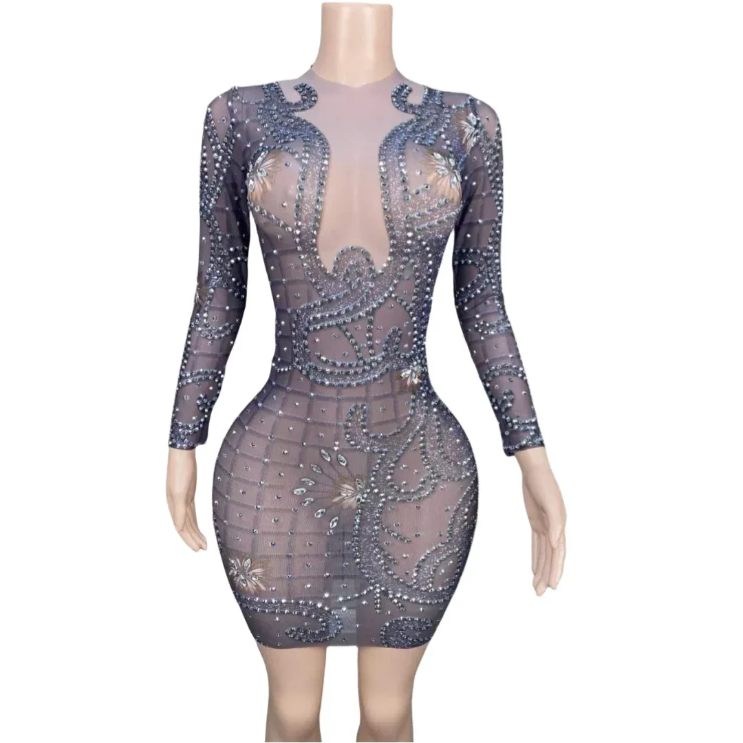 

Mesh Sheer Short Dress For Women Long Sleeve Rhinestone Birthday Queen Outfit Night Club Celebrate Glitter Stage Wear 2024