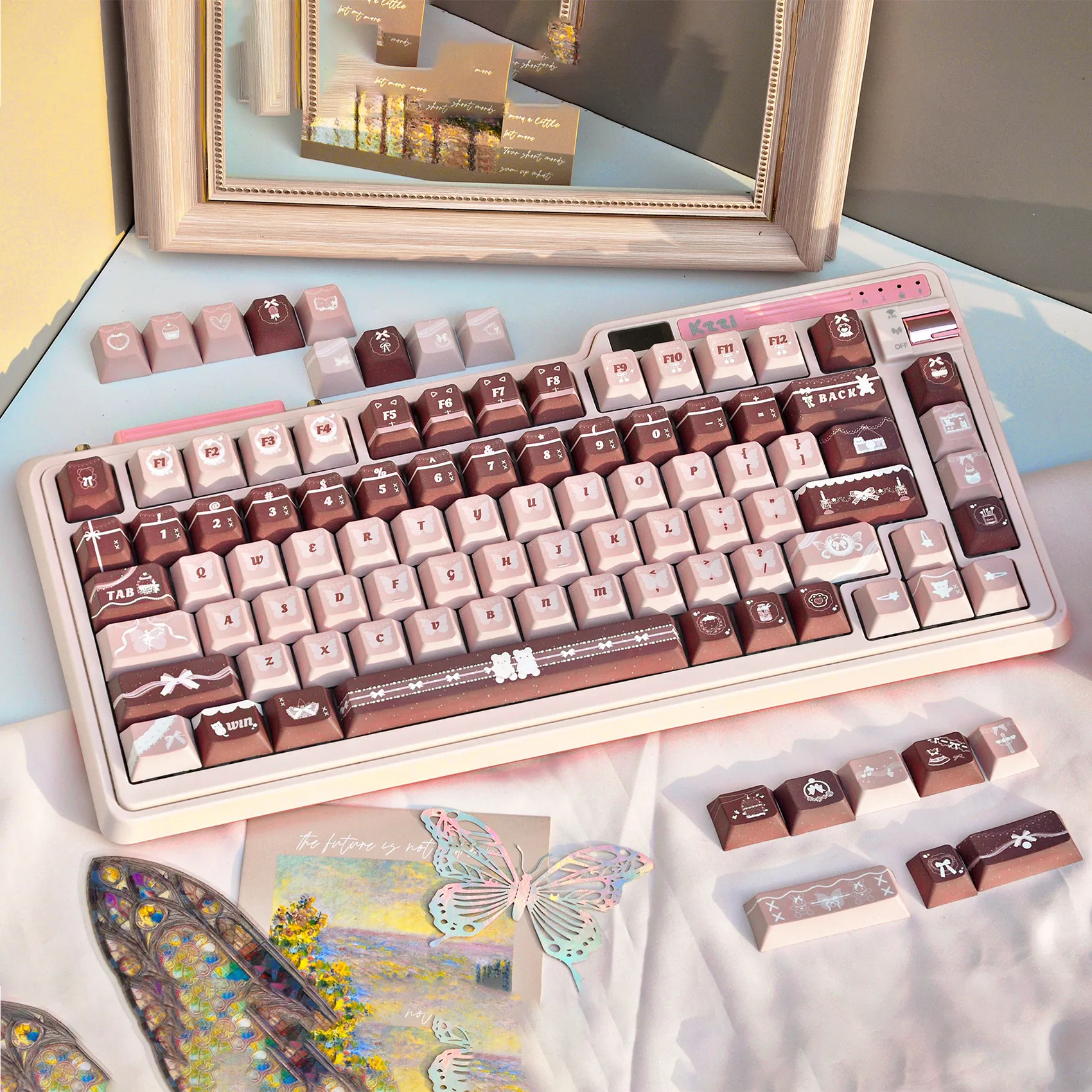 MAIMOOO Pinkish Brown Keycap Cherry MOA Profile PBT Dye Sub Custom Cute Cat Lace Bow Keycaps for Mechanical Keyboard Girls Gifts