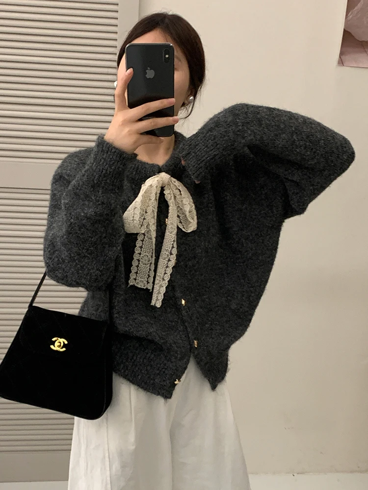 

Осень-зима, винтажный однотонный теплый однобортный короткий кардиган с круглым вырезом и бантом, женский модный вязаный свитер с длинными рукавами