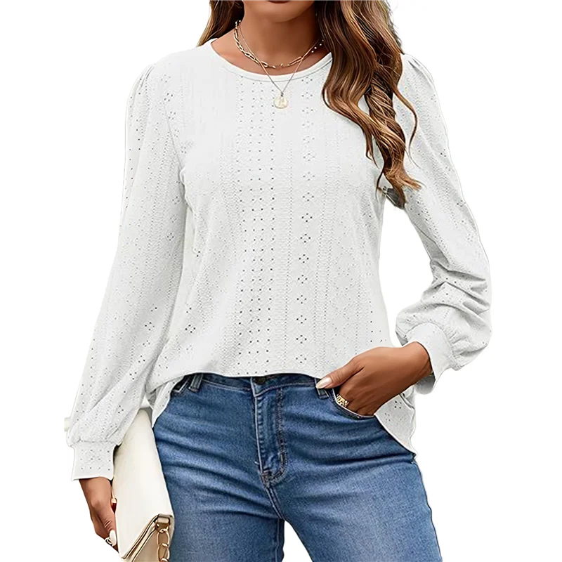 

A83F-топы с люверсами и длинными рукавами для женщин, весна-осень 2022, рубашки с круглым вырезом, повседневная свободная блузка, трендовая одежда, одежда