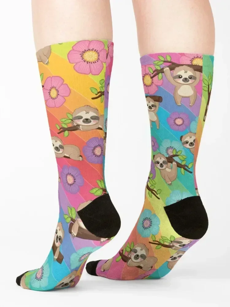 sloth rainbow and flower Socks designer brand Run gift Rugby Designer Man Socks Women's
