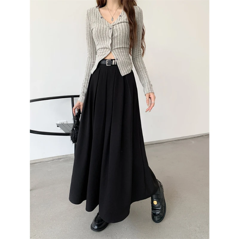 Deeptown Preppy Style Pleated Skirts Women Elegant Korean Style Belt Mid-length Skirt Black Fashion Casual A-line Long Skirts