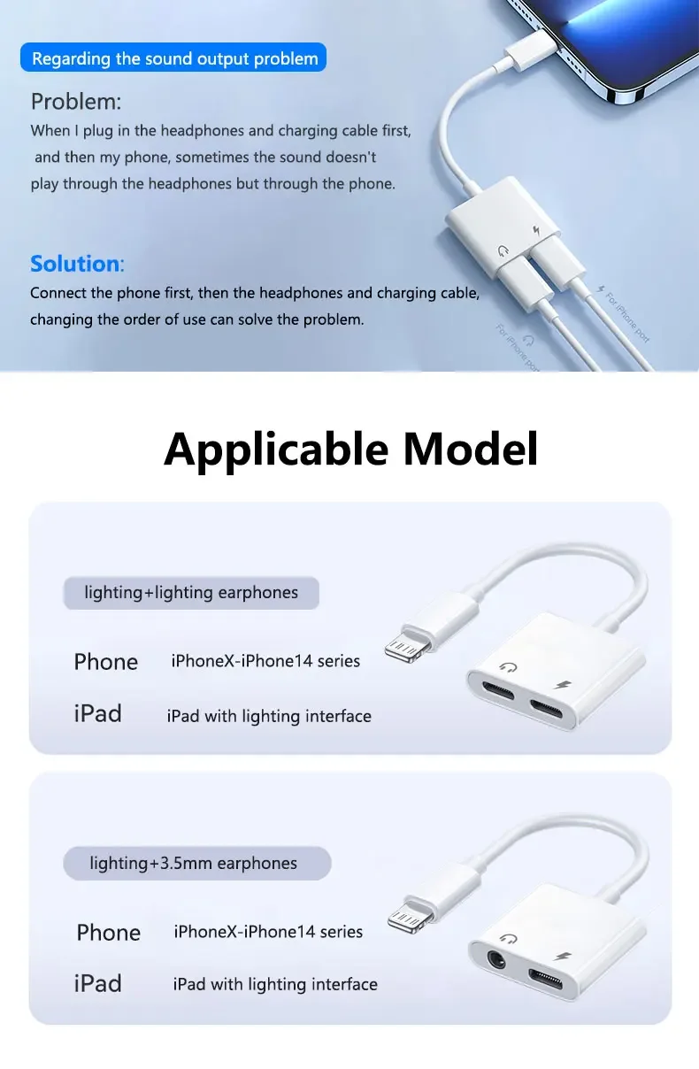 For Lightning to 3.5mm Jack Earphone Adapter Aux Audio Splitter Cable with Charging for iPhone 14 13 12 11 8 7 Pro Max XS XR