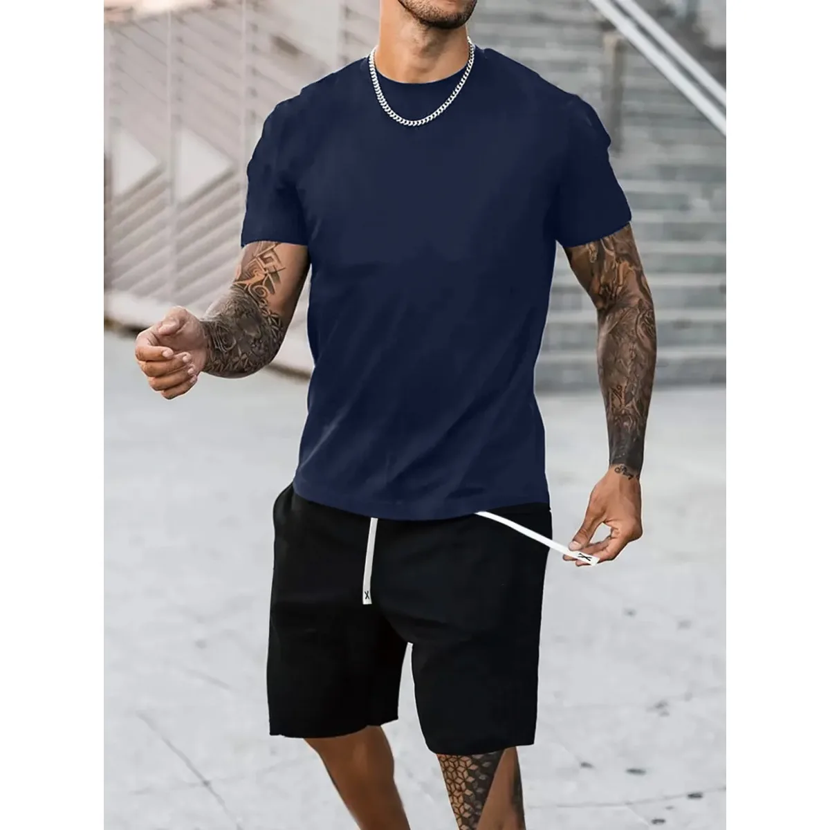 طقم تي شيرت رجالي كاجوال برقبة دائرية، طقم تي شيرت صيفي أنيق من مزيج القطن بأكمام قصيرة للاستخدام اليومي