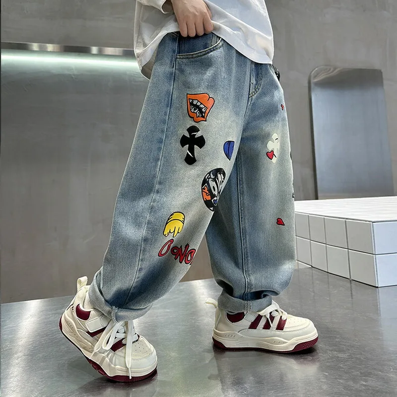 Spring Kids Retro Blue Jeans with Cartoon Print For Boys Casual Loose Straight Fit Denim Pants Child High Waist Jeans Trousers - Image 4