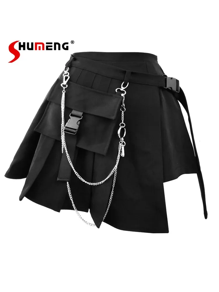 Dark Gothic Street Style High Waist A-Line Chain One Piece Pleated Mini Y2K Skirt Black Bottom Short Pants Two-Piece Set Women