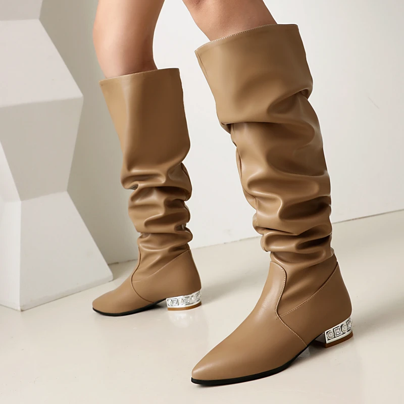 

Women's Knee High Boots Winter Shoes 2024 Gold Silver Pearl Low Heeled Pleated Long Boot Ladies Party Footwear Shoes Large Size