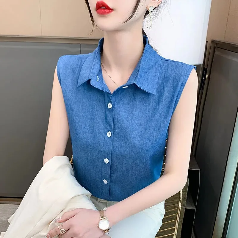 

Хлопковая джинсовая рубашка без рукавов, женская летняя новинка, свободный крой, модный топ с эффектом похудения и дизайнерским оформлением