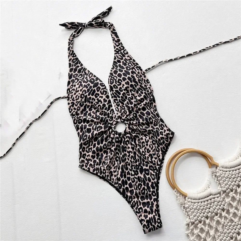 

Leopard Print Halter Backless Swimwear Sexy One Piece Swimsuit Women 2025 Hollow Out Bathing Suit Metal Wrinkled Monokini Swim