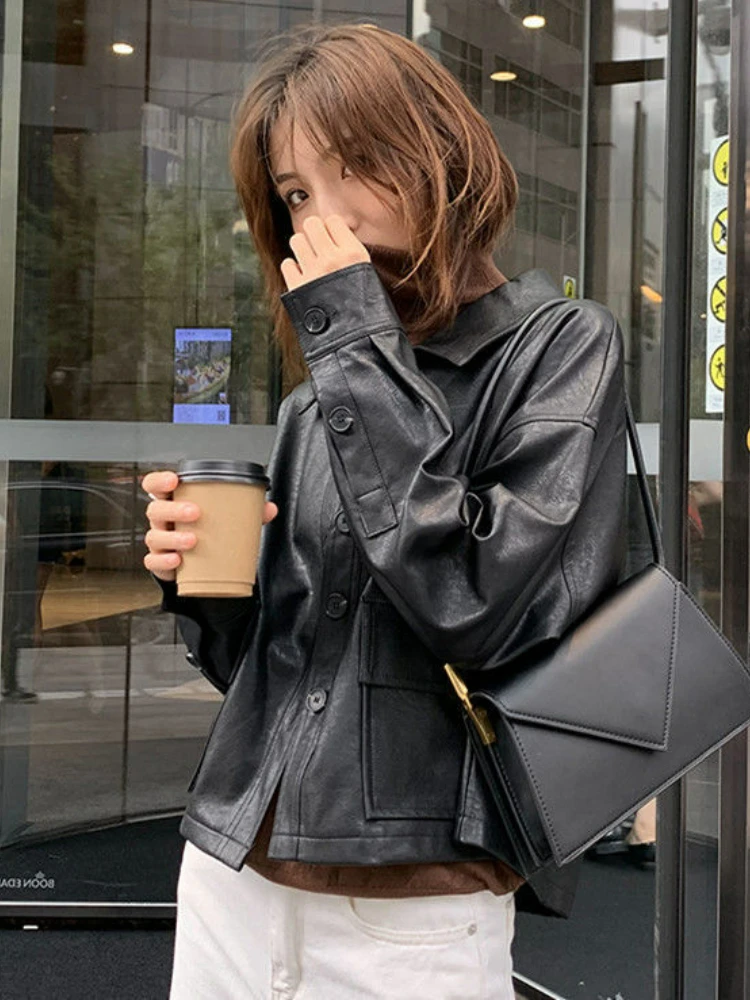 Summer Black Leather Jacket Women Korean Fashion Loose Thin Moto Jacket Female Streetwear Lady Outerwear Biker Coat 2022 Autumn