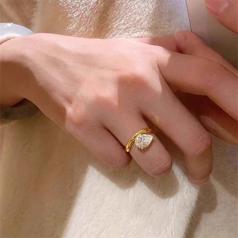 Water Drop Zircon Rings for Women Exquisite Irregular Finger Ring Luxury Vintage Adjustable Ring Trendy Korean Aesthetic Jewelry