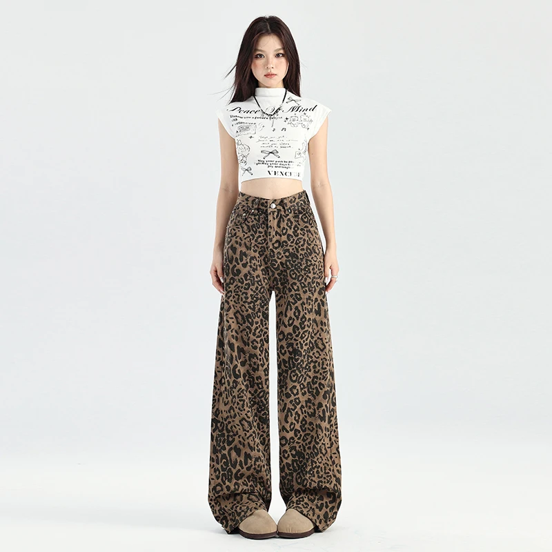 2025 Autumn New American Style High Waist Retro Leopard Print Jeans for Women Straight Loose Wide Leg Floor-Length Pants
