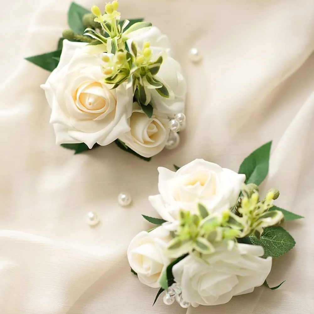 Bridal Wrist Corsage Artificial Rose Flower Bracelet for Bride Bridesmaid Wedding Party DIY Beach Holiday Decor 3PCS