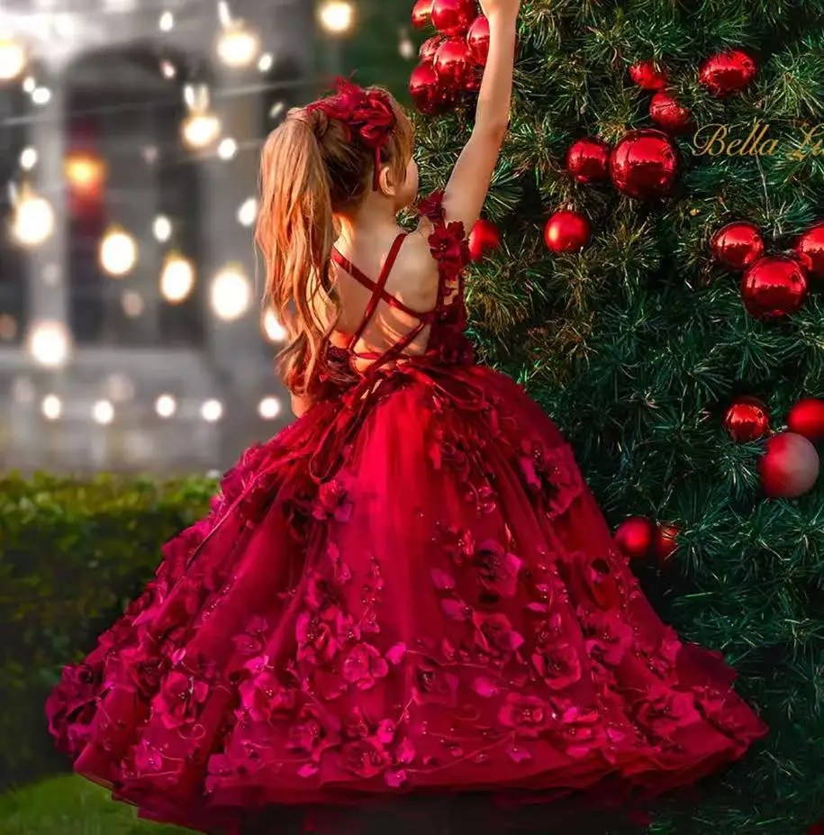 カスタムメイドの豪華な2025年フラワーガール・ページェントドレス、光沢のあるオフショルダーの誕生日パーティー用ドレス、3Dフラワーのフォーマル＆イブニングガウン