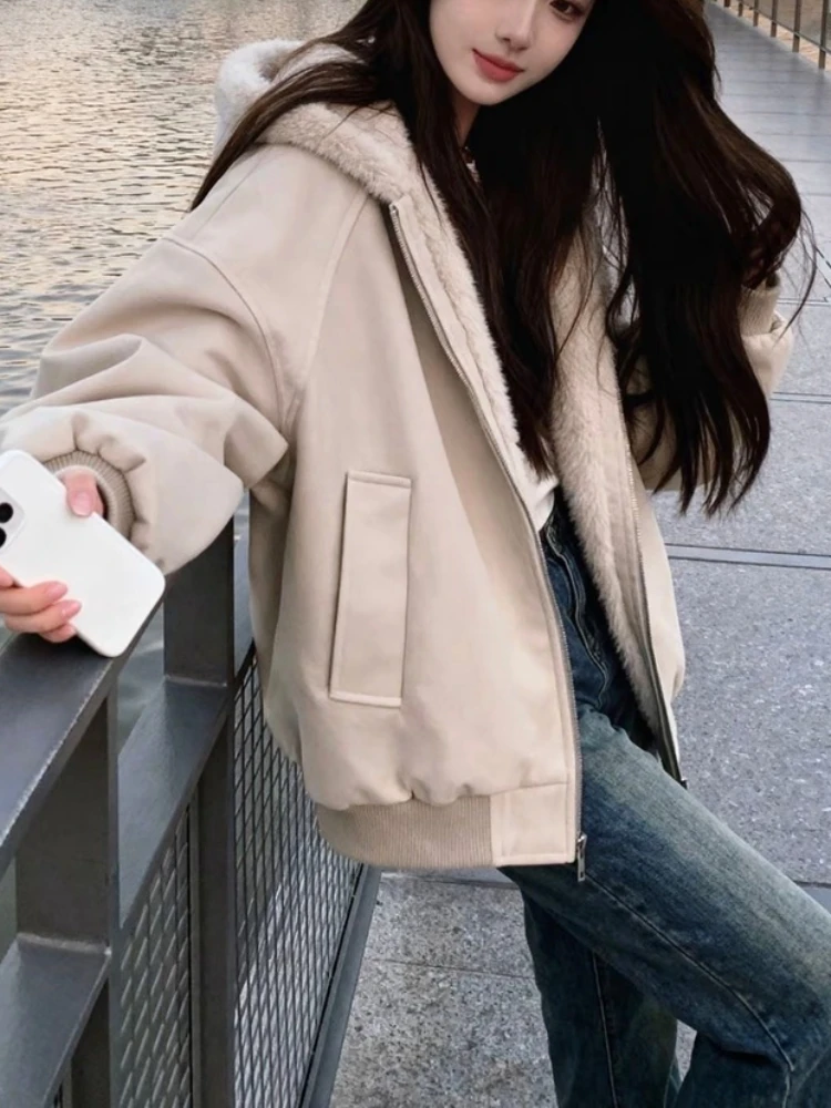 Lamb Wool Thick Hooded Cotton Coat Women Winter New Plush Jacket Loose Fit Warm Outerwear in Light Khaki Casual Cozy Style