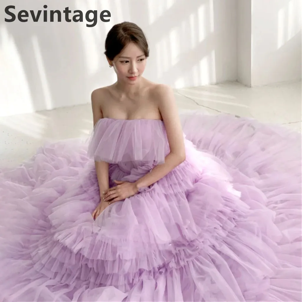 

Sevintage 2025 Lavender Tulle Korea Floor Length Tiered Ruffles Evening Dress A-Line Gown Vintage Maxi Evening Gowns Women