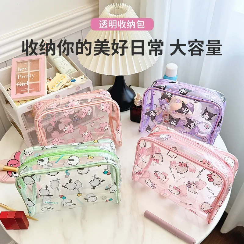 Sanrios Cartoon Transparent Cosmetic Bag Large Capacity Kuromi Hello Kitty My Melody Pochacco Girl Portable Travel Storage Pouch