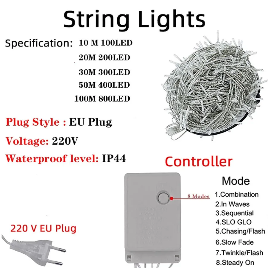 Guirxiété Lumineuse LED Super Brillante de 20/50/100m, Luminaire Décoratif d'Extérieur, 8 Modes, Idéal pour un Jardin, Noël, un Mariage ou une ix