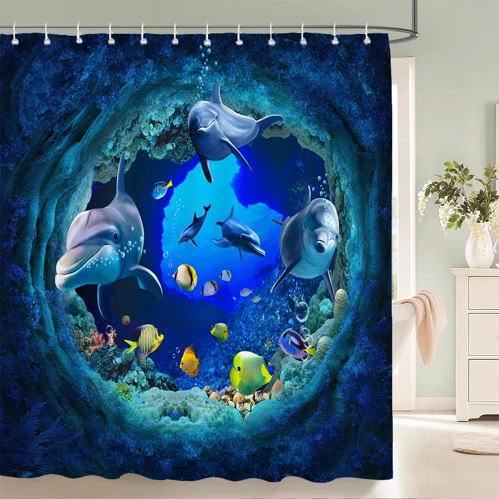 Underwater World Fish Turtle 3d Shower Curtains Ocean Dolphin Sea Scenery Fabric Waterproof Bath Curtain Bathroom Decor Screen