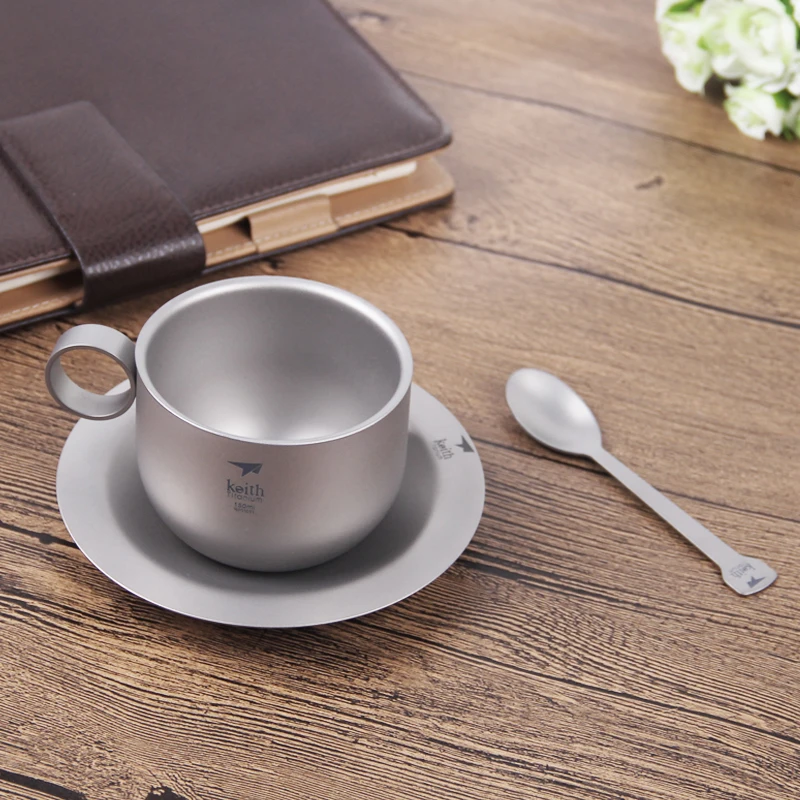Keith Ultralight Titanium Coffee Cup Set 150ml with Pot Spoon Portable Outdoor Tea Cutlery Titanium Water Mug Ti3601