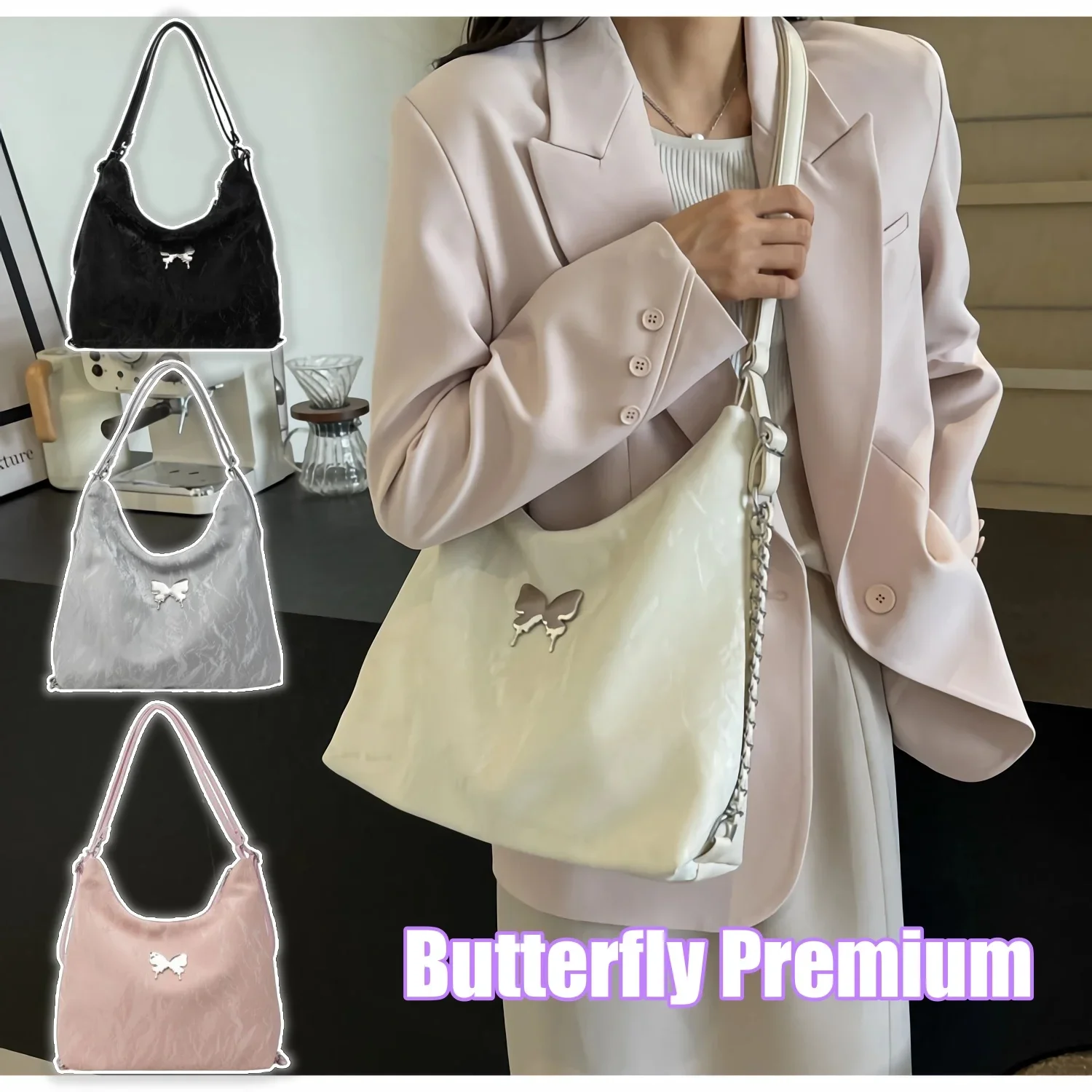 2024 New Butterfly Elements Fashion Trend Tote Bag Large Capacity Commuter Shoulder Bag Versatile Chain Shoulder Bag