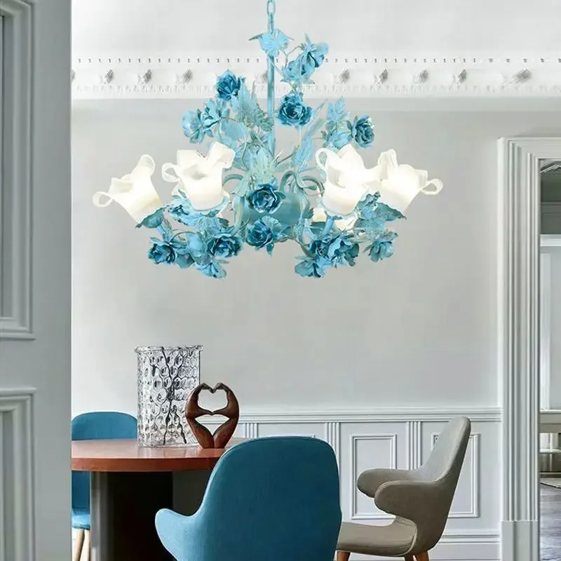 European Pastoral Living Room Lamp - LED Blue Rose Design for Bedroom & Study