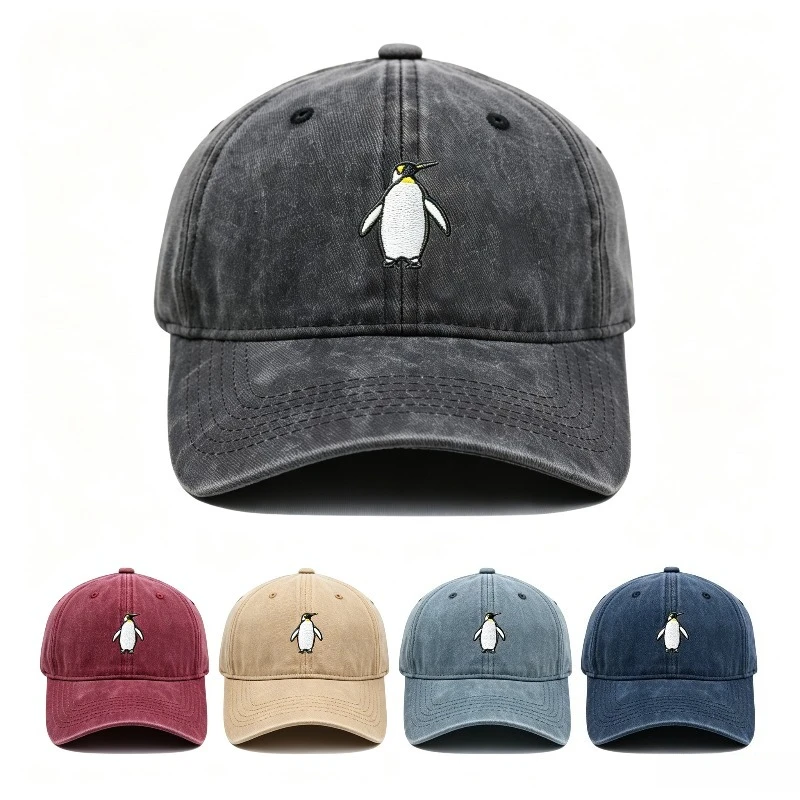 Vintage Washed Cute Penguin Embroidery Baseball Cap Unisex Adjustable Curved Brim Dad Hat Cartoon Animal Casual Outdoor Sun Hat