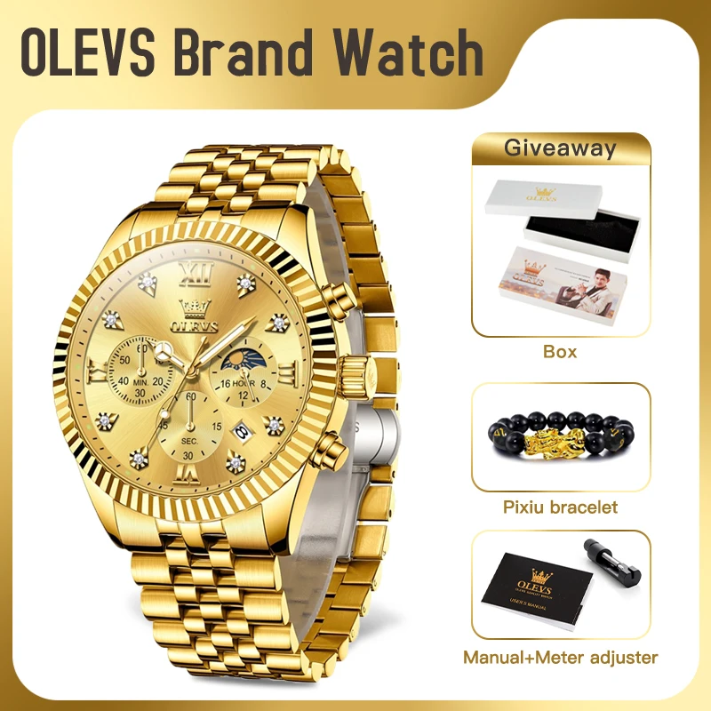 OLEVS 2932 Mens Watch Original Brand Luxury Calendar Quartz Watch Moon Phase Multifunctional Chronograph Watch For Man Gifts