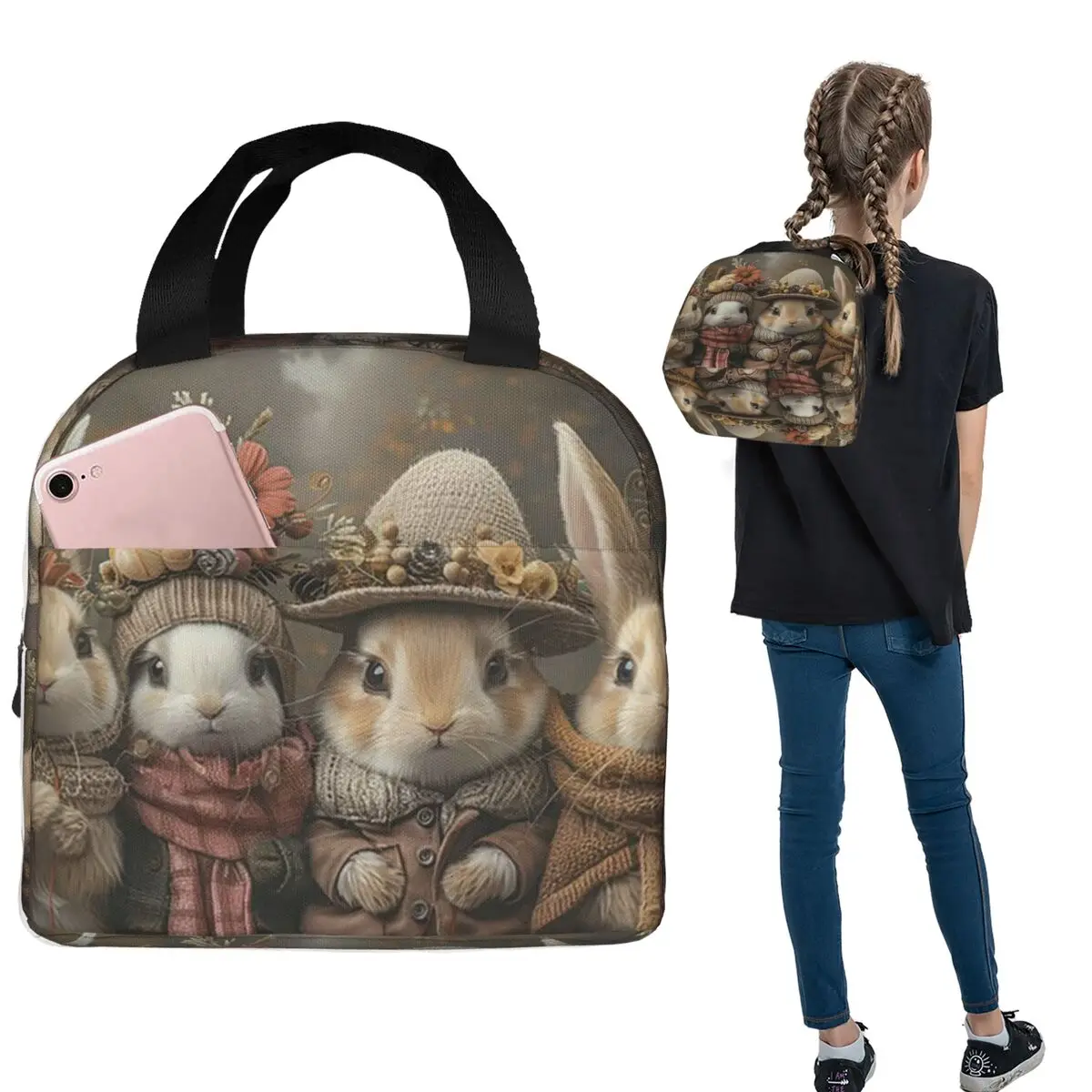 Entzückende Kaninchen, niedliche Hasen, isolierte Vintage-Lunchtasche für Damen und Kinder, tragbare Lebensmittelboxen, Thermo-Lunchbox-Tragetasche