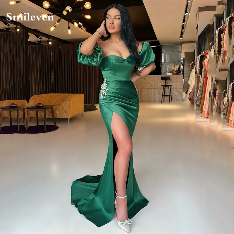 

Smileven Hunter Green Mermaid Evening Dresses With Detachable Sleeve Strapless Prom Gowns Side Split Cocktail Party Dress