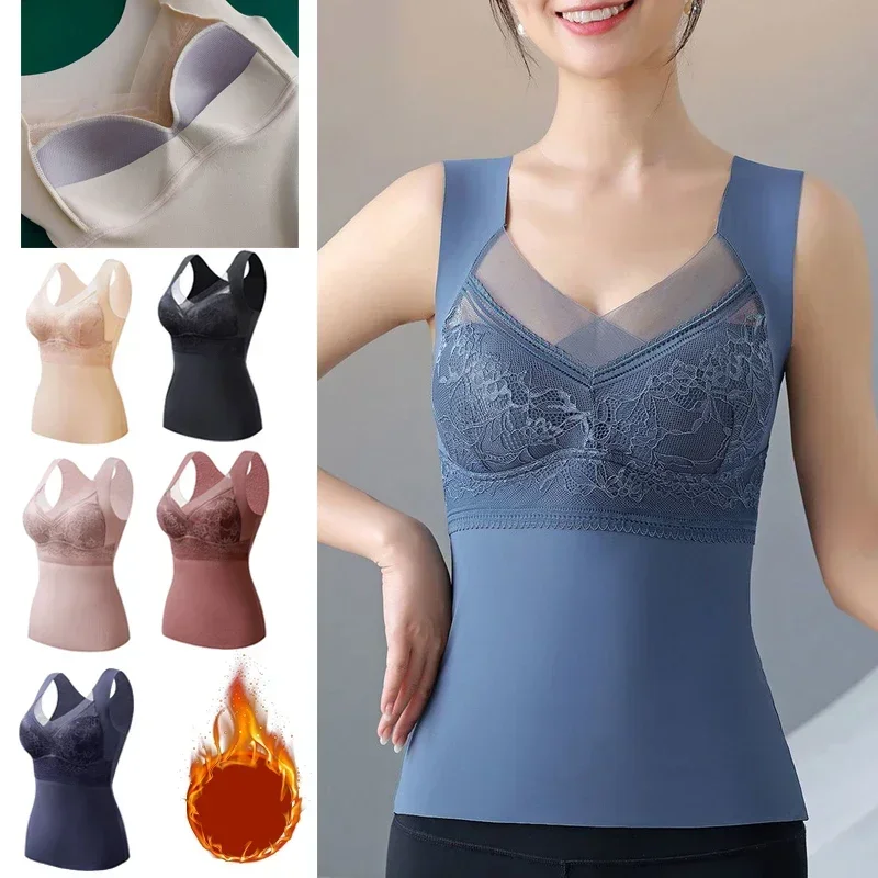 ใหม่ผู้หญิงเสื้อกั๊กกับแผ่นหน้าอกลูกไม้ Camisole V คอ Bra กับ Pad หน้าอก Slim Traceless เสื้อกั๊กผู้หญิงอบอุ่นสําหรับสุภาพสตรี