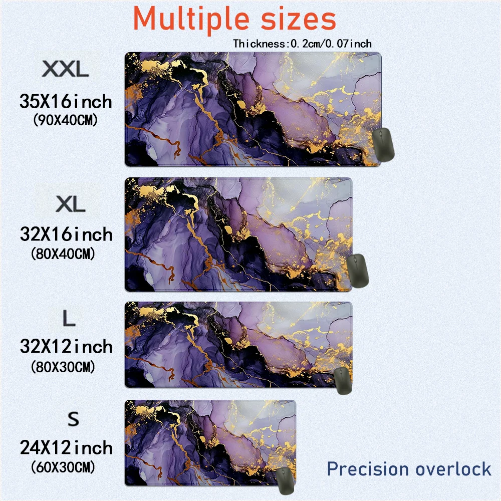 パープルマーブルパターンマウスパッドかわいいXXLゲーミングマウスパッドラバーベースステッチエッジ付き滑り止めデスクパッド大型デスクアクセサリー