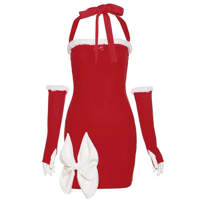 Autumn New Christmas Dress Solid Color Slim S Figure Fashion Halter Sexy Halter Red Dress White Bow Decorative Charm Suit Exotic