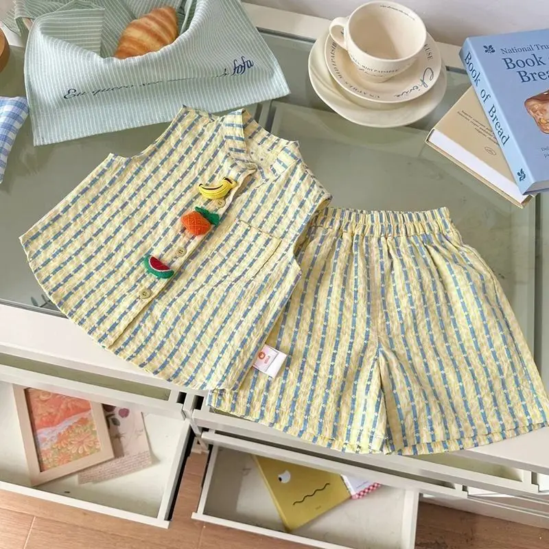 Boys Suit 2026 Spring and Summer New Childrens Clothing Boys Baby Three-dimensional Fruit Doll Striped Vest Shorts Two-piece Set